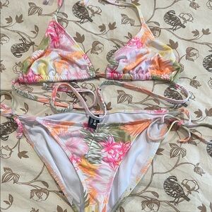 Floral Tie-Side Triangle Bikini - Pink, Orange & Green